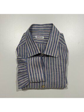 Kiton Mens 100% Linen Long Sleeve Dress Shirt Size 16/41 Blue White Stripe